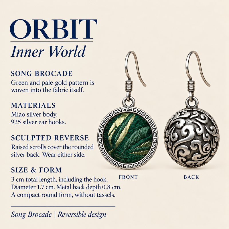 Forest Lustre detail card showing Song Brocade, Miao silver body, 925 silver hooks, reversible design and dimensions.