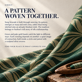 ORBIT culture card titled A Pattern Woven Together, with green and pale gold-colored patterned cloth and a wooden weaving shuttle.