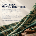 ORBIT culture card titled A Pattern Woven Together, with green and pale gold-colored patterned cloth and a wooden weaving shuttle.