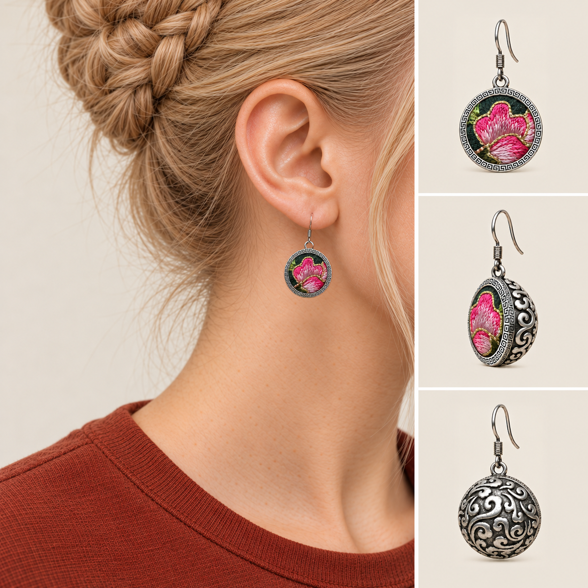 Rosy Aubade earring worn with its pink floral front facing outward, beside front, 45-degree and domed reverse views.