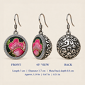 Rosy Aubade front, 45-degree and reverse views: 3 cm length including hook, 1.7 cm diameter and 0.8 cm metal back depth.