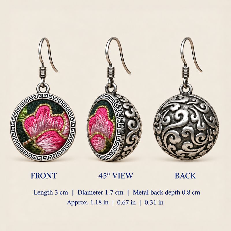 Rosy Aubade front, 45-degree and reverse views: 3 cm length including hook, 1.7 cm diameter and 0.8 cm metal back depth.