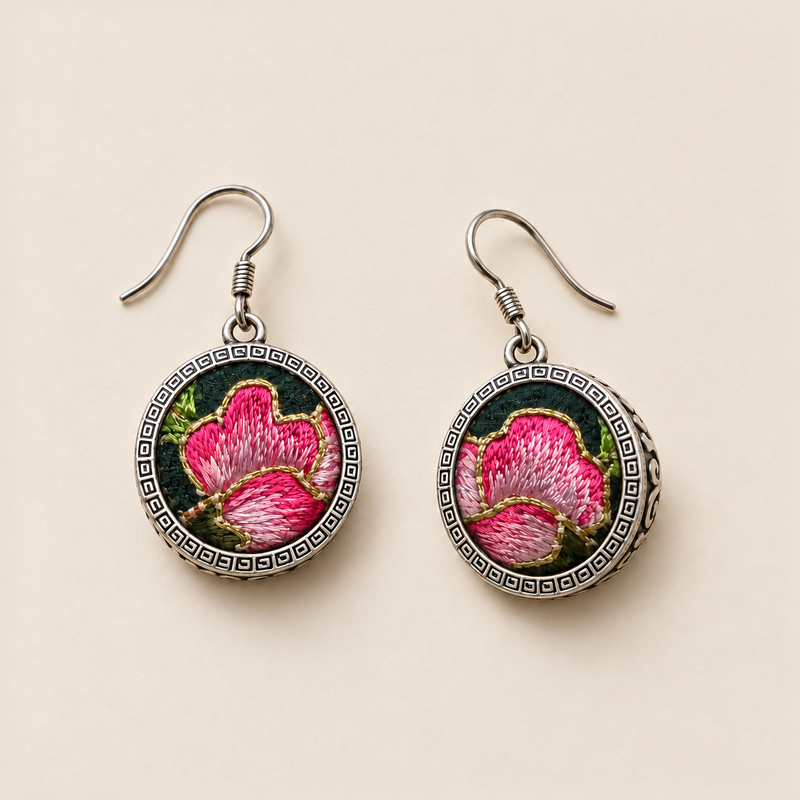 Rosy Aubade earrings laid front-facing, showing different arrangements of pink petals, gold-colored outlines and green accents.