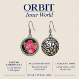 ORBIT Inner World card showing Rosy Aubade's Beijing embroidery front and sculpted reverse, with Wear Either Side.