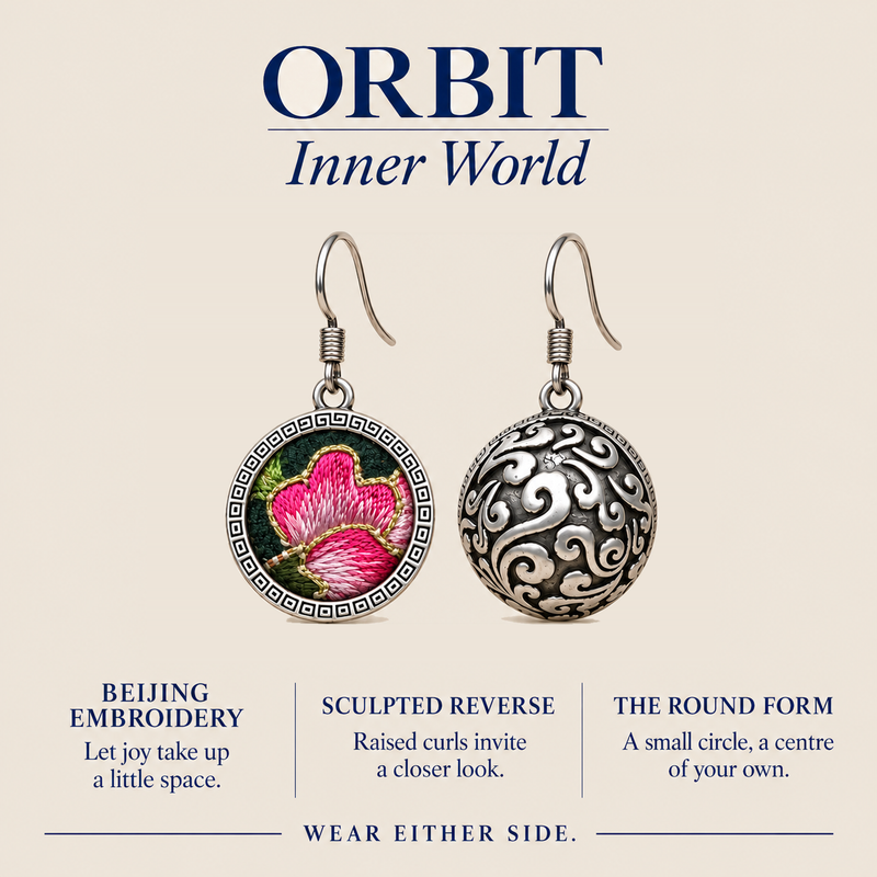 ORBIT Inner World card showing Rosy Aubade's Beijing embroidery front and sculpted reverse, with Wear Either Side.