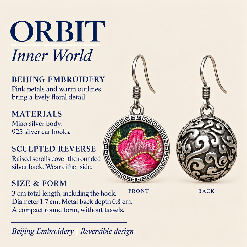 Rosy Aubade detail card showing Beijing embroidery, Miao silver body, 925 silver hooks, reversible design and dimensions.