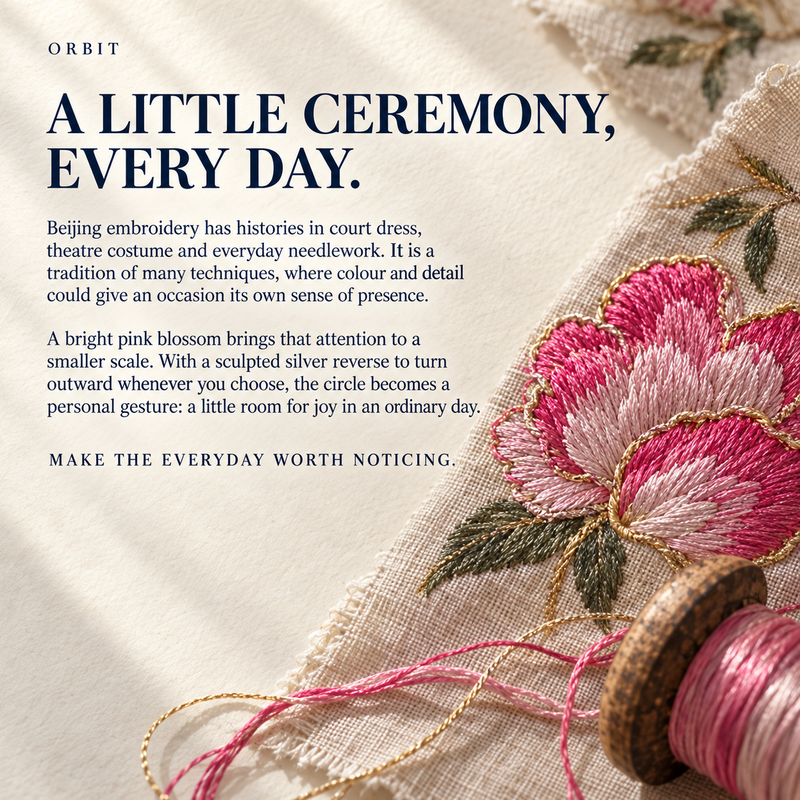 ORBIT culture card titled A Little Ceremony, Every Day, with pink flower embroidery, gold-colored outlines and a wooden spool of pink thread.