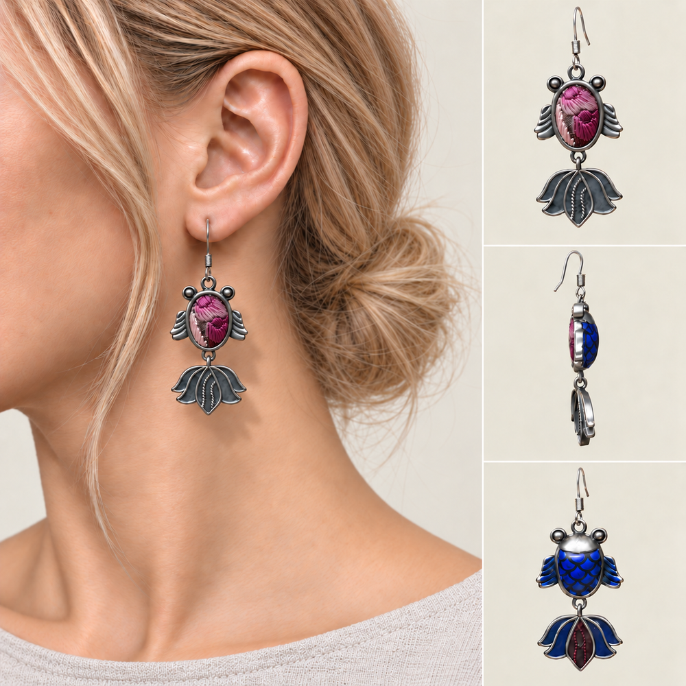Petal Reverie handmade fish earrings, worn detail and front side reverse views
