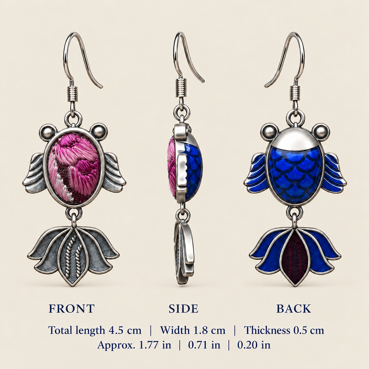 Petal Reverie handmade fish earrings, dimensions