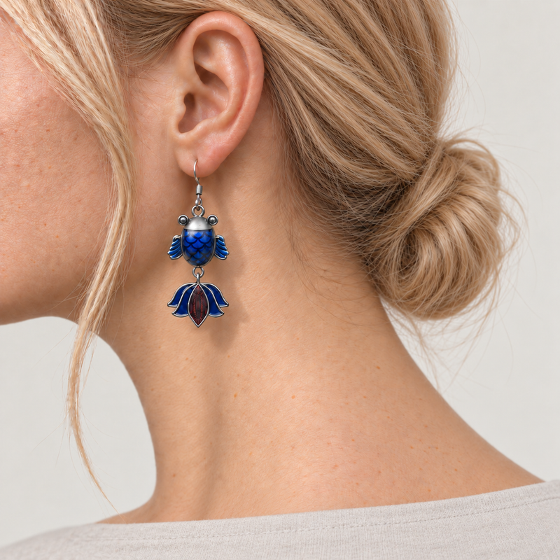 Petal Reverie handmade fish earrings, reverse worn