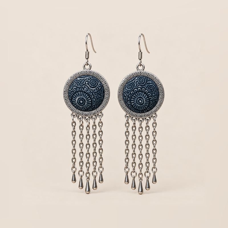 Indigo Canticle Batik earrings with pale radial and curling motifs on indigo textile, round patterned rims and five chains ending in teardrops on each earring.
