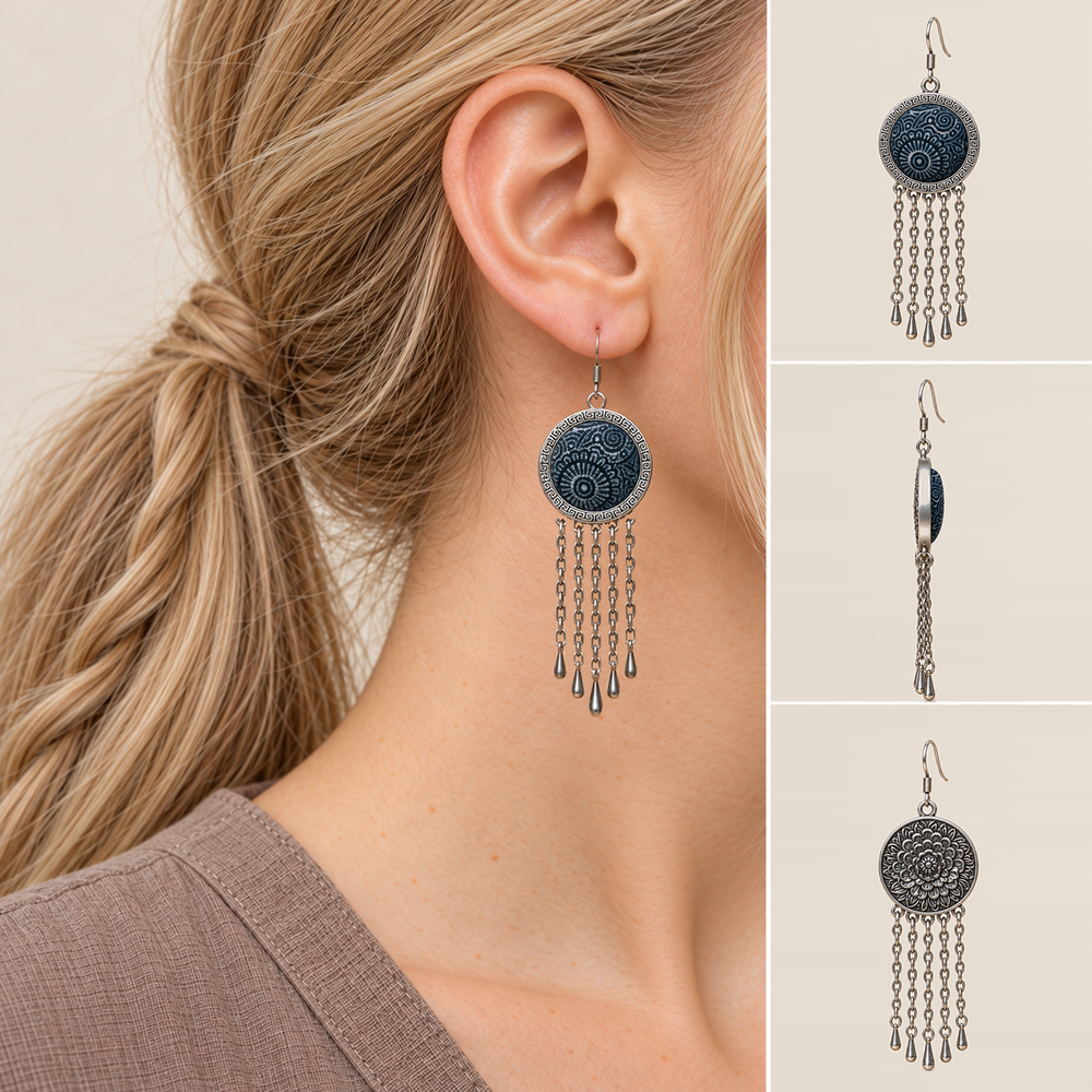 Indigo Canticle earring worn with its indigo batik front facing outward, beside separate front, side and floral reverse views.