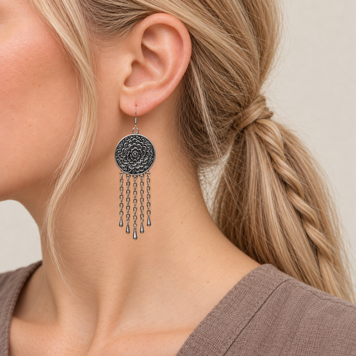 Indigo Canticle earring worn with its layered flower relief reverse facing outward and five chains ending in teardrops below.