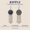 RIPPLE design card showing Indigo Canticle's batik front, flower relief reverse and five chain tassels, with Wear Either Side.