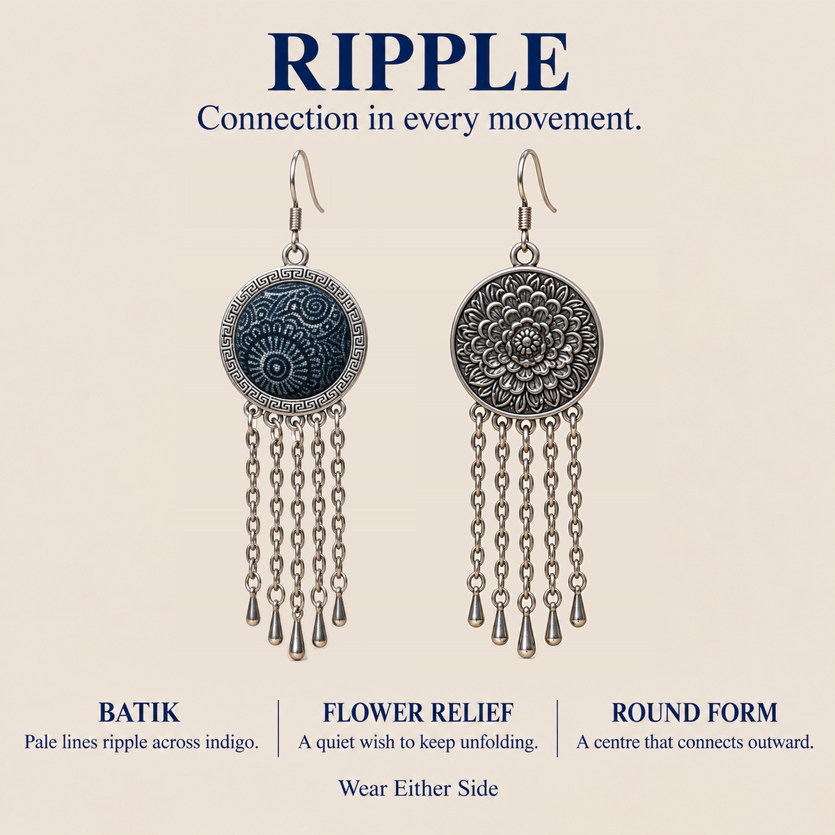 RIPPLE design card showing Indigo Canticle's batik front, flower relief reverse and five chain tassels, with Wear Either Side.