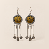 Golden Benediction earrings with golden-yellow geometric embroidery, three long rods, two short drops, cloud charms and central plaques inscribed 纳福.