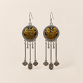 Golden Benediction earrings with golden-yellow geometric embroidery, three long rods, two short drops, cloud charms and central plaques inscribed 纳福.