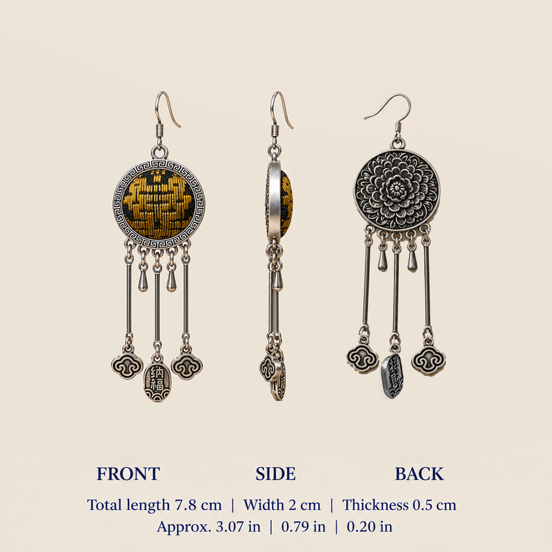 Golden Benediction front, side and floral reverse views: 7.8 cm length including hook, 2 cm width and 0.5 cm thickness.