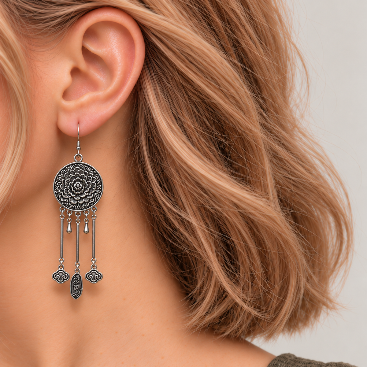 Golden Benediction earring worn with its flower relief reverse facing outward, above three rods, two short drops, cloud charms and a central plaque.