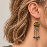 Golden Benediction earring worn with golden-yellow embroidery, two short drops and three long rods ending in cloud charms and a 纳福 plaque.
