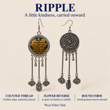 RIPPLE design card showing Golden Benediction's counted-thread front, flower reverse, cloud charms and inscribed plaques, with Wear Either Side.