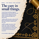 RIPPLE culture card titled The Care in Small Things, with gold-colored geometric stitching on black cloth, a needle and a wooden thread spool.