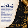 RIPPLE culture card titled The Care in Small Things, with gold-colored geometric stitching on black cloth, a needle and a wooden thread spool.