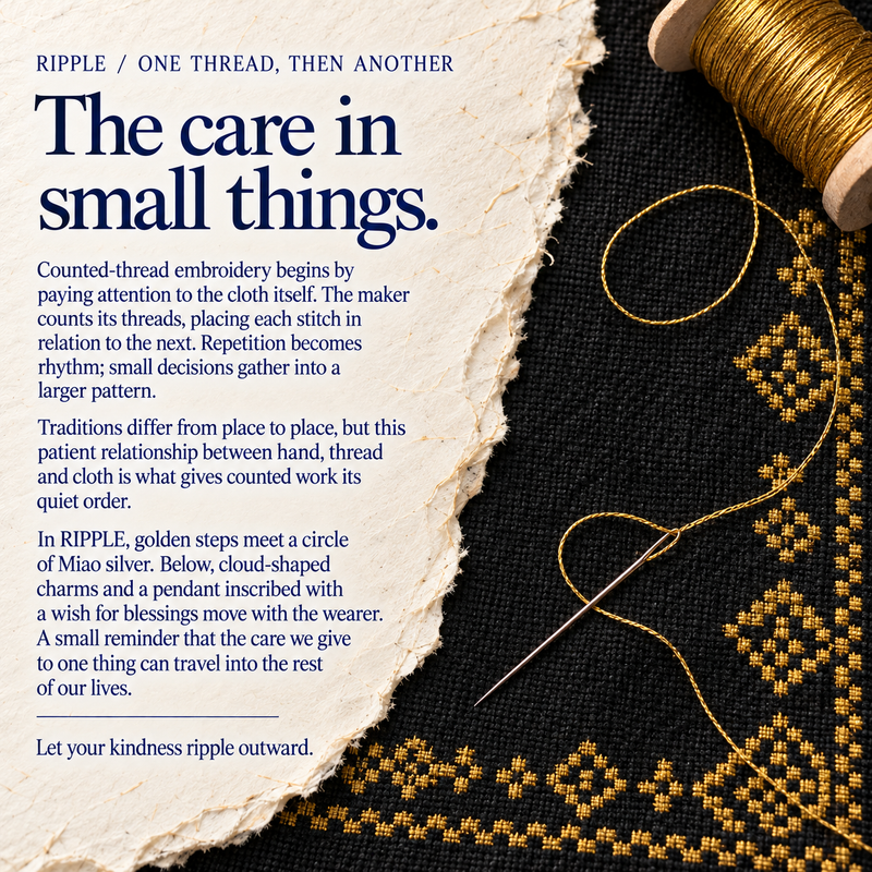 RIPPLE culture card titled The Care in Small Things, with gold-colored geometric stitching on black cloth, a needle and a wooden thread spool.