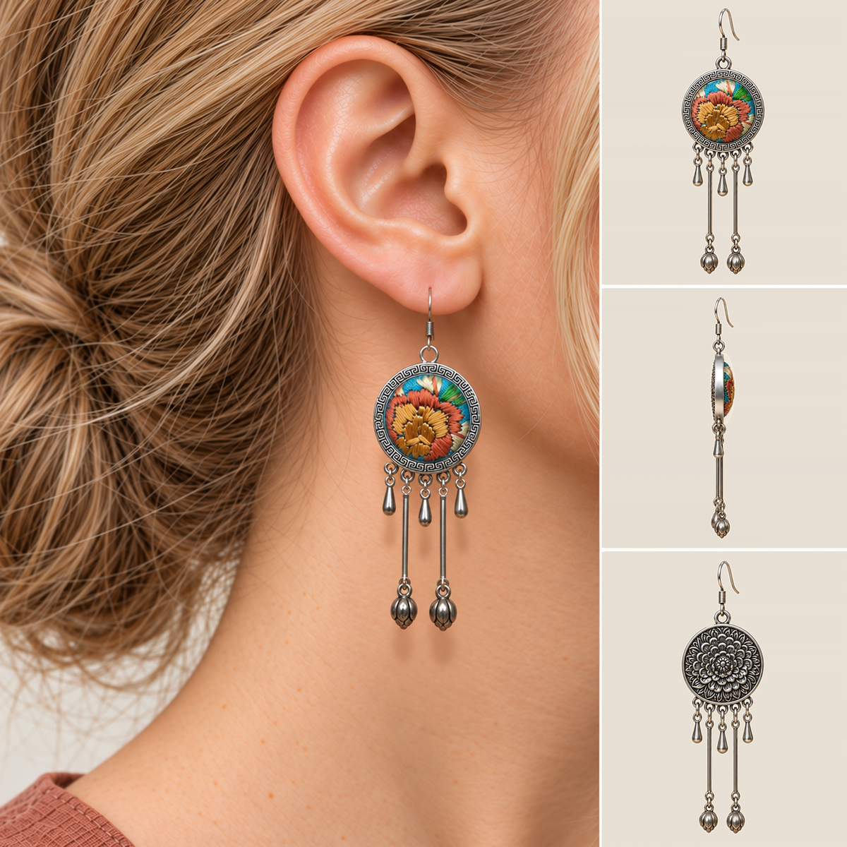 Amber Floraison earring worn with its embroidered flower front facing outward, beside separate front, side and floral reverse views.