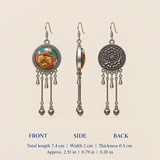 Amber Floraison front, side and floral reverse views: 7.4 cm length including hook, 2 cm width and 0.5 cm thickness.