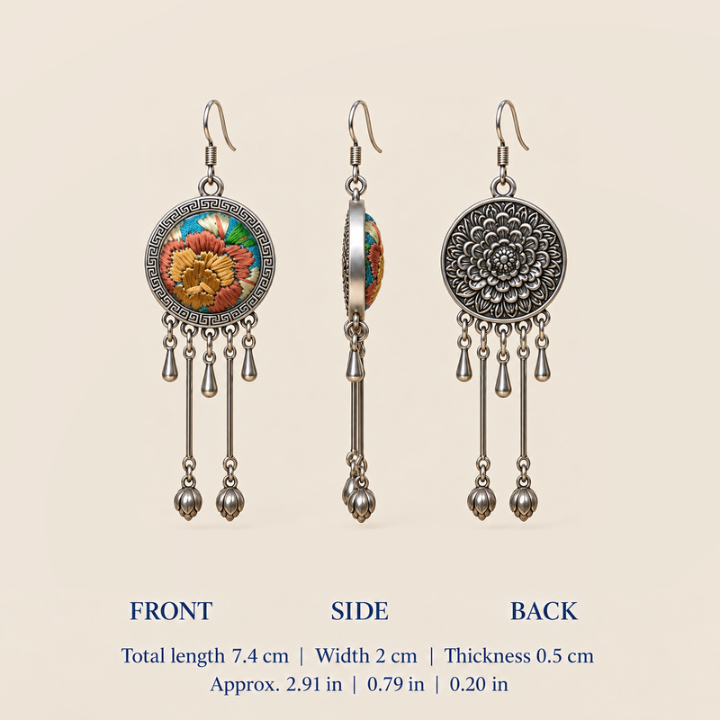 Amber Floraison front, side and floral reverse views: 7.4 cm length including hook, 2 cm width and 0.5 cm thickness.