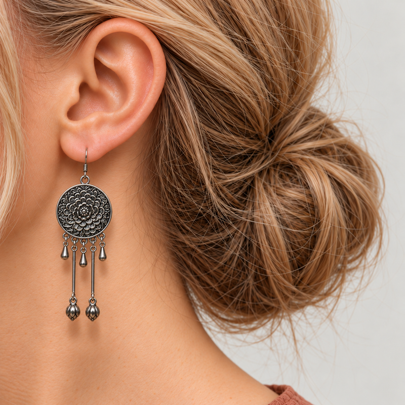 Amber Floraison earring worn with the round flower relief reverse facing outward, with three short drops and two long rods ending in buds.