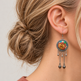 Amber Floraison earring worn with warm floral embroidery, three short drops and two long rods ending in flower-bud pendants.