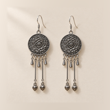 Amber Floraison earrings laid back-facing, showing flower relief on the round medallions, three short drops and two long rods with bud pendants on each.