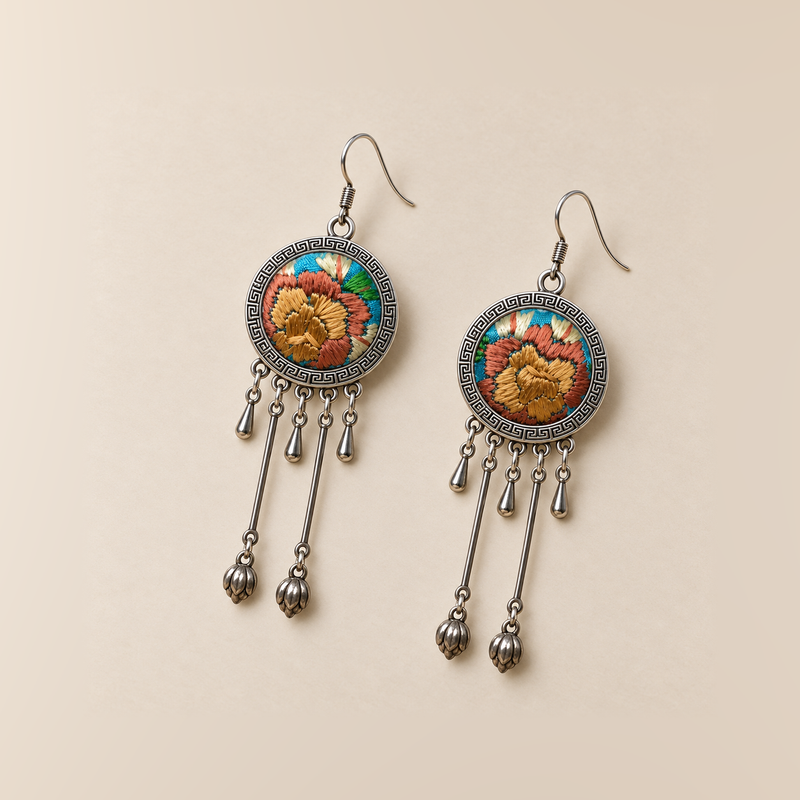 Amber Floraison earrings laid front-facing, showing individual ochre and rust-colored floral stitches, three short drops and two hanging bud pendants on each.