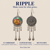 RIPPLE design card showing Amber Floraison's Suzhou embroidery front, flower reverse and paired hanging bud pendants, with Wear Either Side.