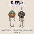 RIPPLE design card showing Amber Floraison's Suzhou embroidery front, flower reverse and paired hanging bud pendants, with Wear Either Side.