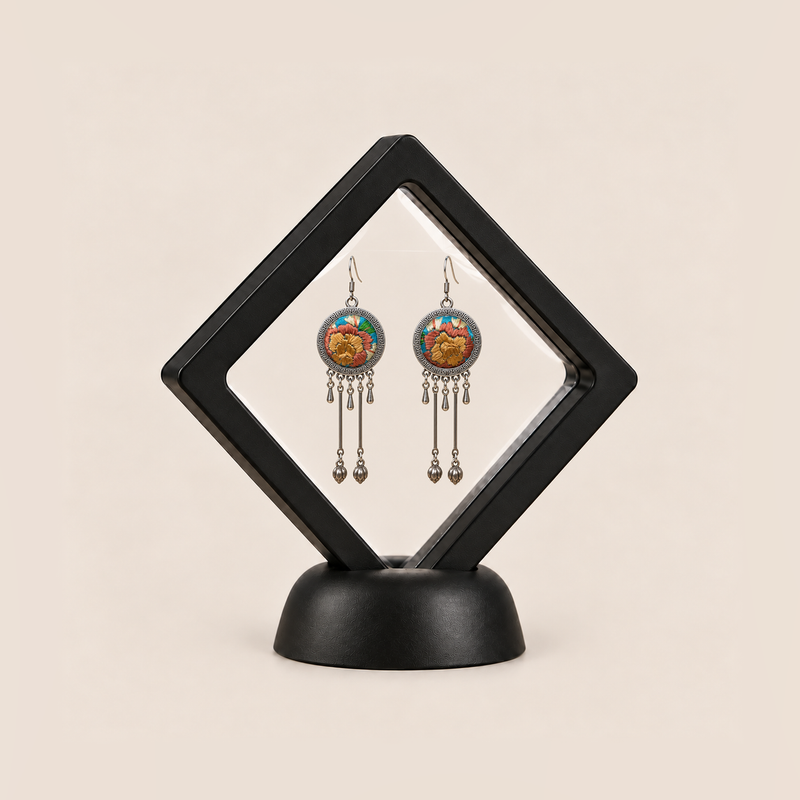 Amber Floraison earrings displayed inside a clear membrane in a black square frame set diagonally on a black base.