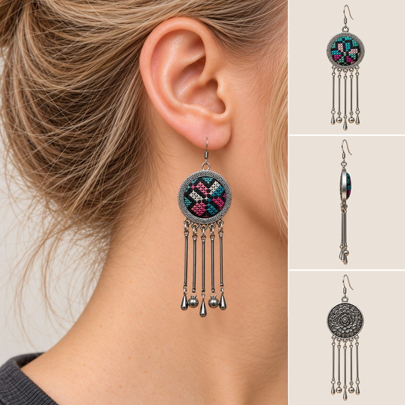 Model wearing Pastel Refrain earrings, beside front, side and floral reverse views showing the embroidered round medallion and five dangling rods.
