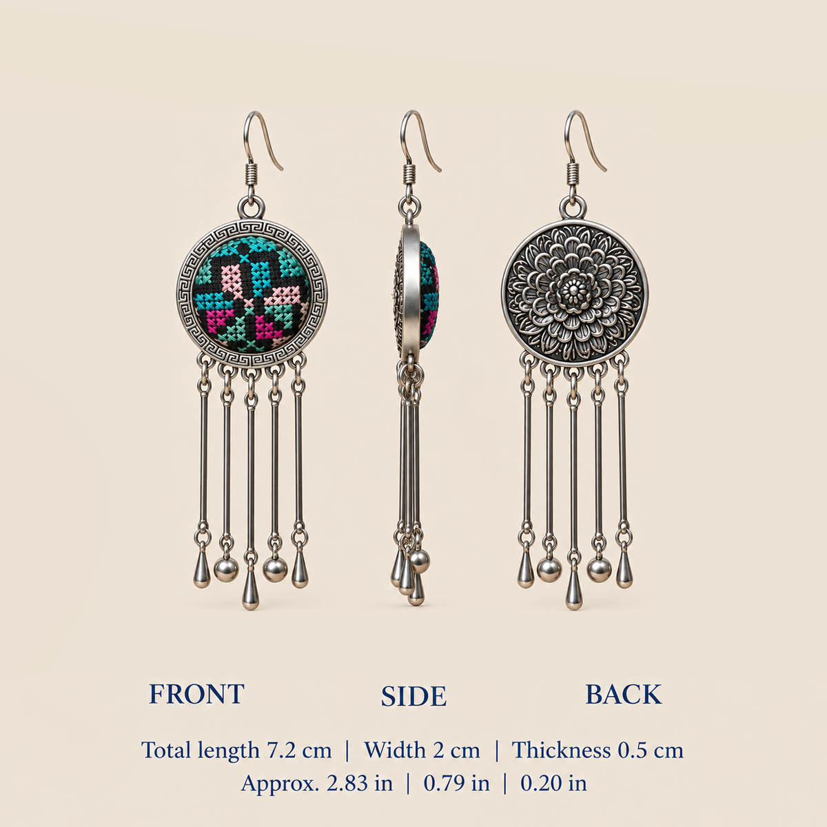 Pastel Refrain front, side and floral reverse views with dimensions: 7.2 cm total length including hook, 2 cm width and 0.5 cm thickness.