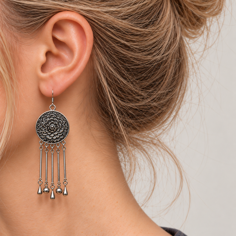Model in profile wearing Pastel Refrain with the round floral metal reverse facing outward and five rods with alternating teardrop and round ends.
