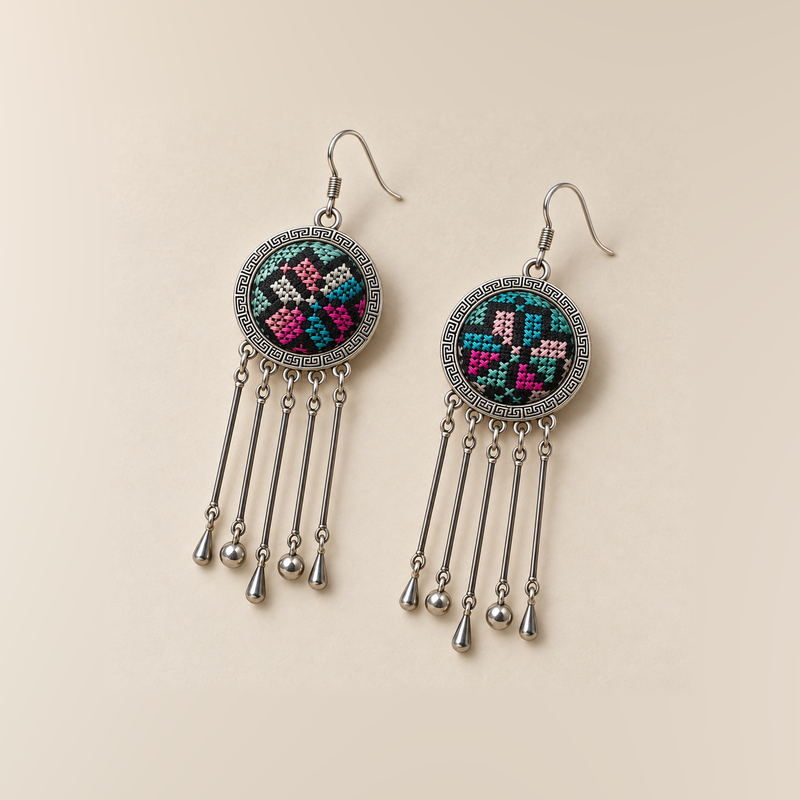 Pastel Refrain pair laid flat, showing different arrangements of pink, teal and pale counted-thread geometric motifs on the two dark round fronts.