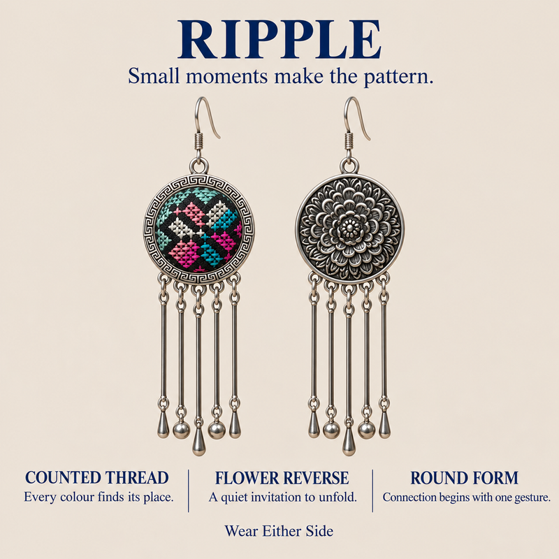RIPPLE design card showing Pastel Refrain embroidered front and floral reverse, with counted-thread, round-form and reversible-design callouts.