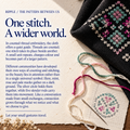 Counted-thread culture card titled One stitch. A wider world., with pastel geometric embroidery on black cloth, loose colored threads, a needle and a graph-paper pattern sketch.