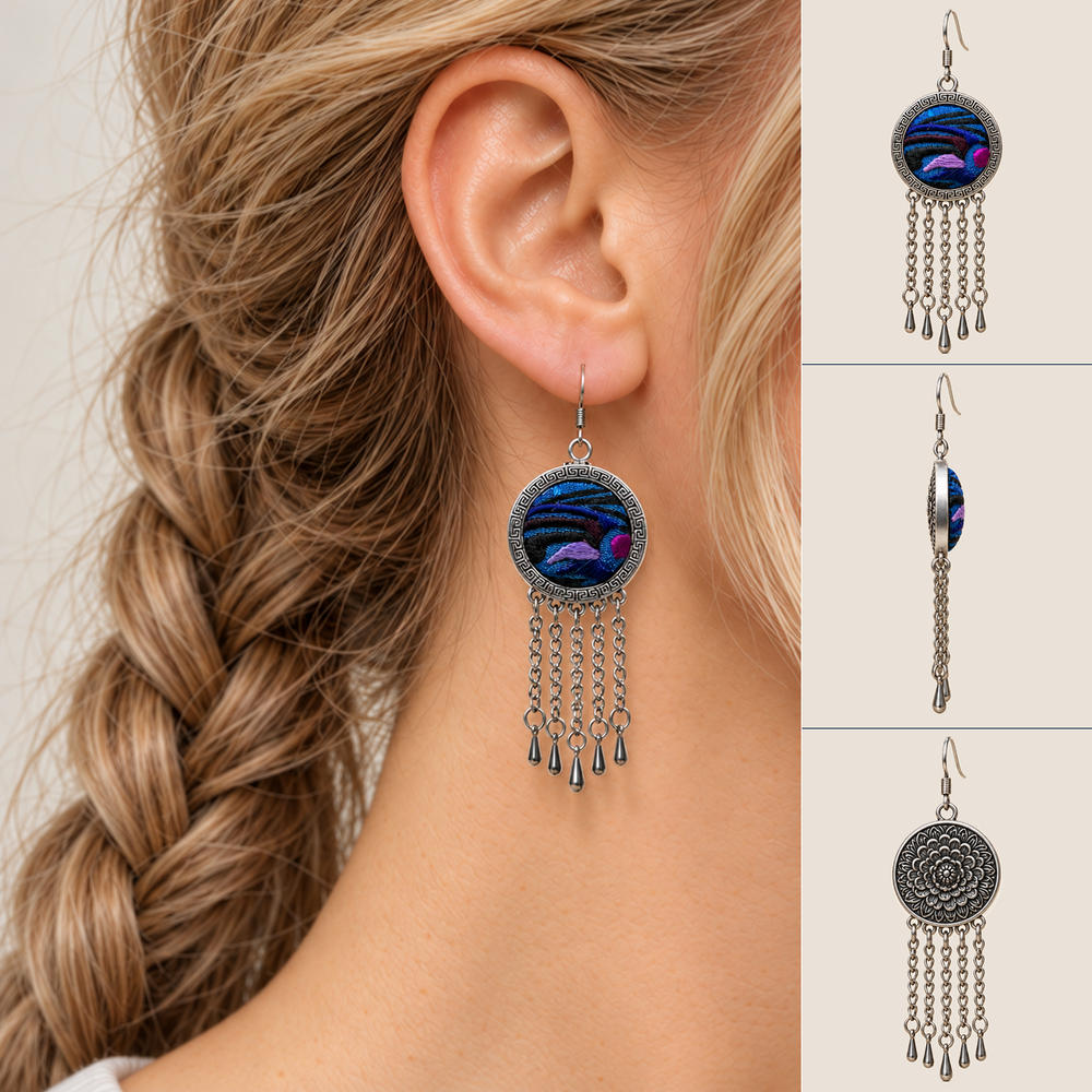 Model wearing Violet Undertow earrings beside front, side and floral reverse views of the round medallion and five chain tassels.