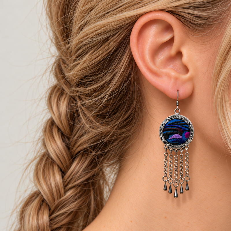Model wearing Violet Undertow with the blue and violet split-thread embroidered front facing outward above five linked tassels.