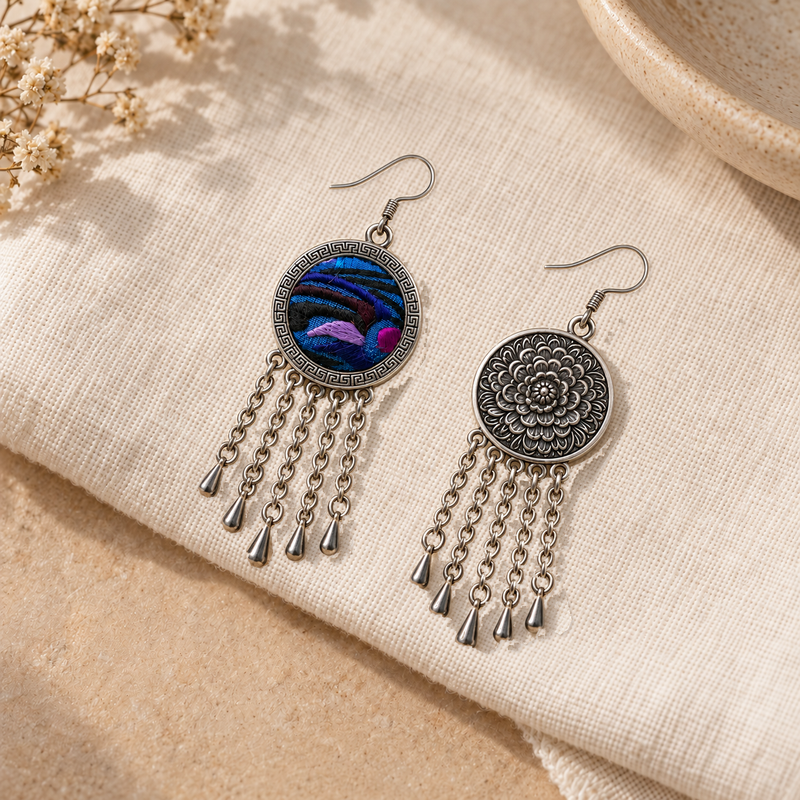 Violet Undertow earrings on cream woven fabric beside dried flowers and a ceramic dish, showing one blue-violet embroidered front and one floral reverse.