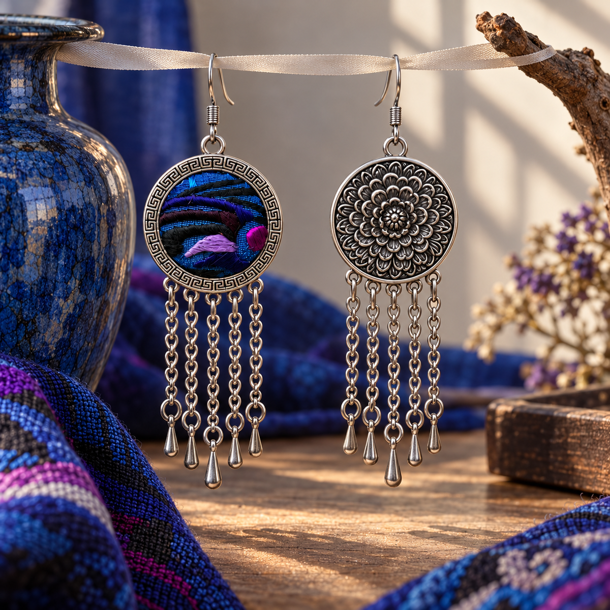 Violet Undertow earrings hanging from a pale fabric ribbon, showing the embroidered front and floral reverse beside a blue vase and blue-purple cloth.