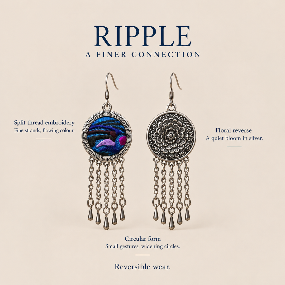 RIPPLE A Finer Connection design card showing Violet Undertow's split-thread embroidered front, floral reverse and circular reversible design.