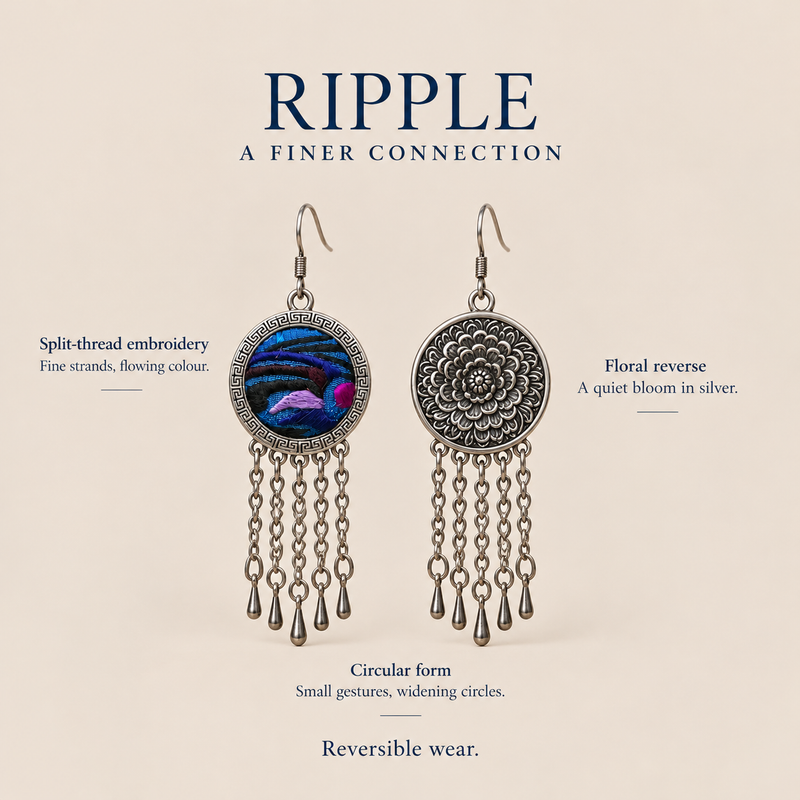 RIPPLE A Finer Connection design card showing Violet Undertow's split-thread embroidered front, floral reverse and circular reversible design.